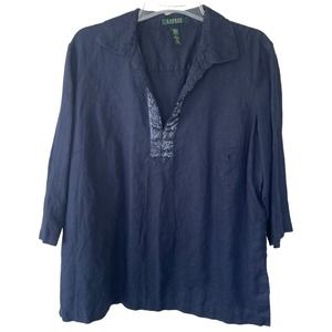 Lauren Ralph Lauren LINEN Navy Blue Sequin collar Tunic size 2X
